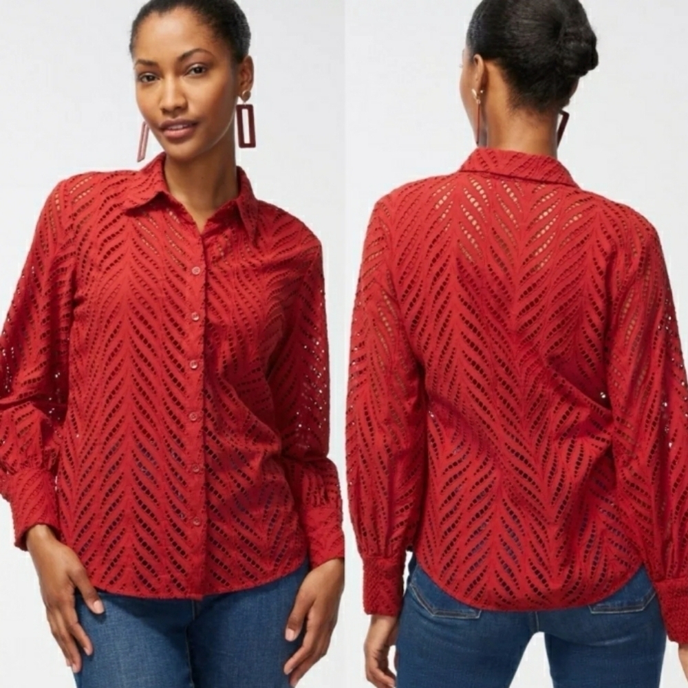 Chico's Poplin Cutwork in Rust Orange Long-Sleeve Button Down Lace Shirt Size 16